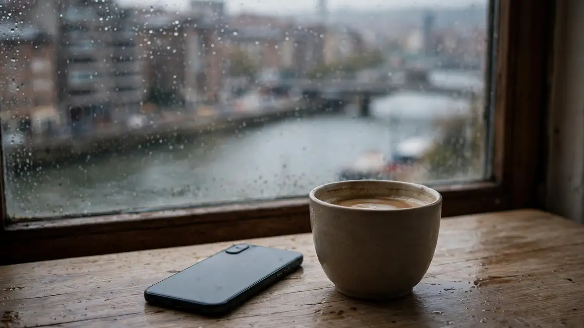 Un móvil boca abajo sobre una mesa de roble junto a una ventana con lluvia y una taza de café con leche, con la ría de Bilbao al fondo
