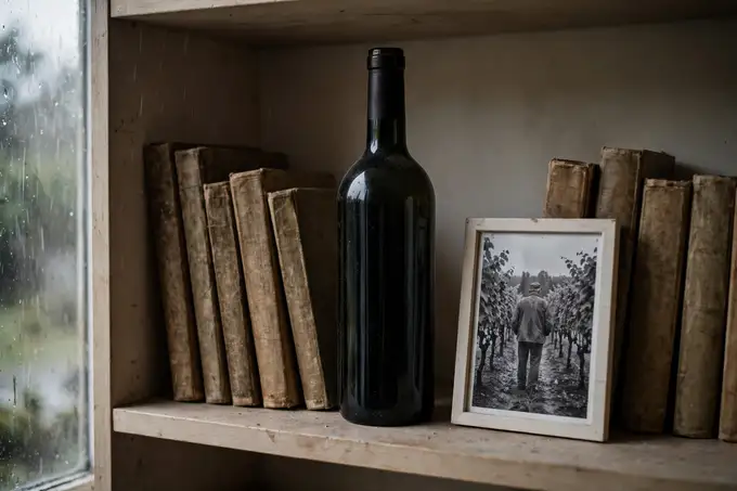 Estantería con libros viejos, una botella de vino sin etiqueta y una foto en blanco y negro de un hombre en una viña