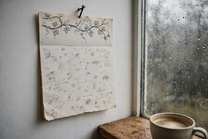 Calendario de pared de papel con un dibujo de cepas y muchas anotaciones a lápiz, junto a una ventana con lluvia