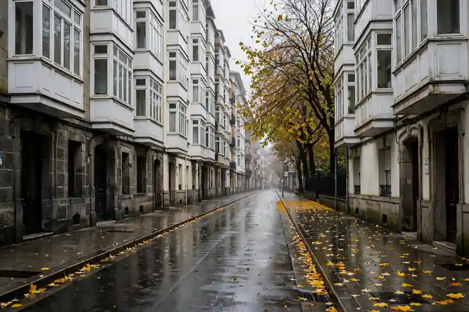 Calle de viviendas de Deusto con los miradores blancos, la acera mojada por la lluvia y hojas de otoño en el suelo