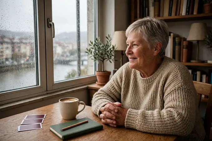 Vicky Salcedo en la mesa de roble de su casa de Deusto, junto a la ventana mojada por la lluvia, con tres cartas boca abajo, una libreta verde y un café con leche