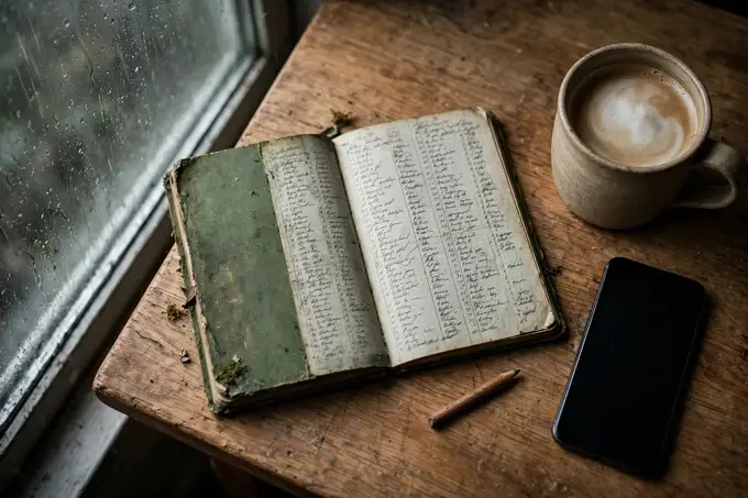 Una libreta de tapas verdes abierta, con anotaciones a lápiz, un móvil boca abajo y una taza de café