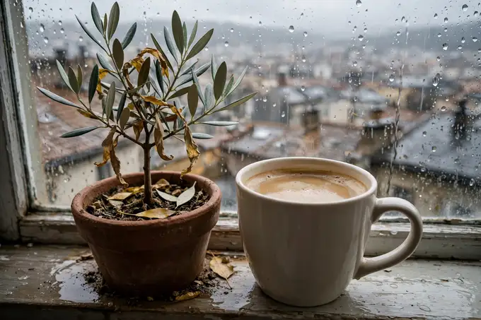Un olivo pequeño en maceta junto a una ventana con lluvia, al lado de una taza de café