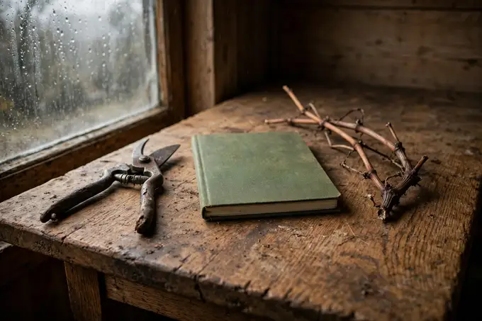 Unas tijeras de podar viña antiguas sobre una mesa de roble, junto a una libreta verde y un sarmiento seco