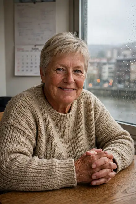 Retrato de Vicky Salcedo sonriendo, sentada a su mesa de roble con las manos juntas, con la ría de Bilbao detrás de la ventana