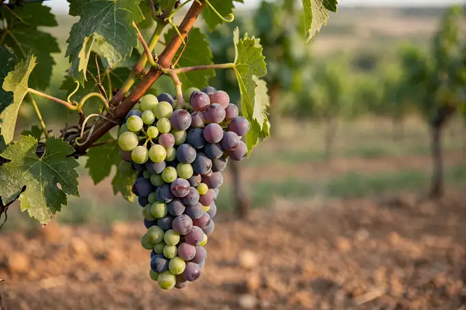 Racimo de uva tempranillo en la cepa durante el envero, con unos granos todavía verdes y otros ya morados
